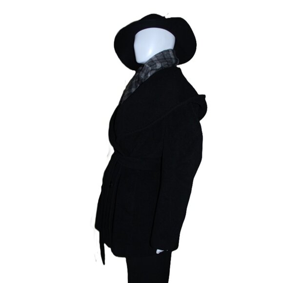 ELLEN TRACY Wool/Angora Belted & Hooded Midi Wrap Coat in Black (Large) - Picture 7 of 13